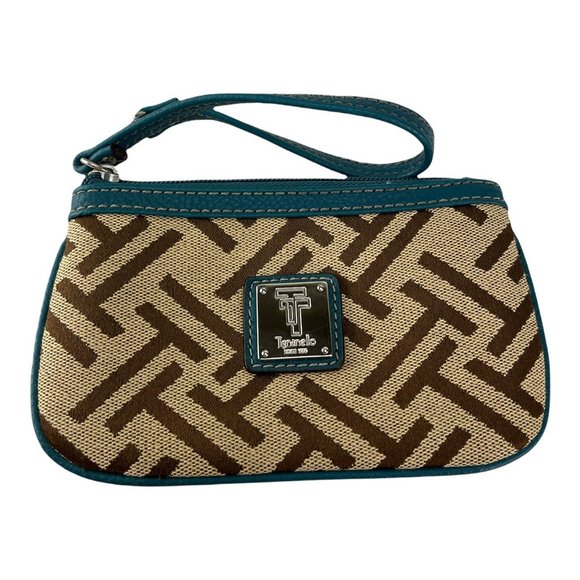 Tignanello Handbags - Tignanello Womens Wristlet Beige Brown Signature Logo Zipper Lined Micro